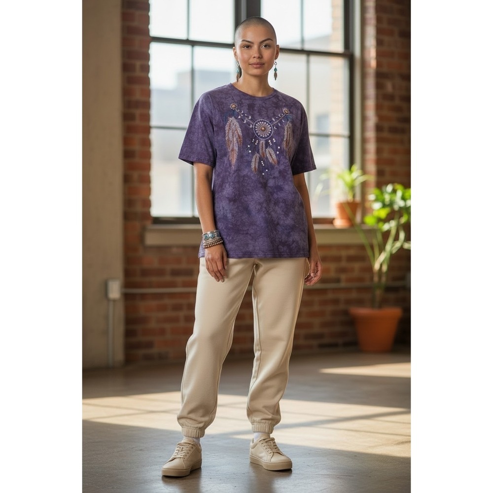 Vintage 90s Lynee Purple Tie Dye Southwestern Bear Feathers Tee Shirt LARGE